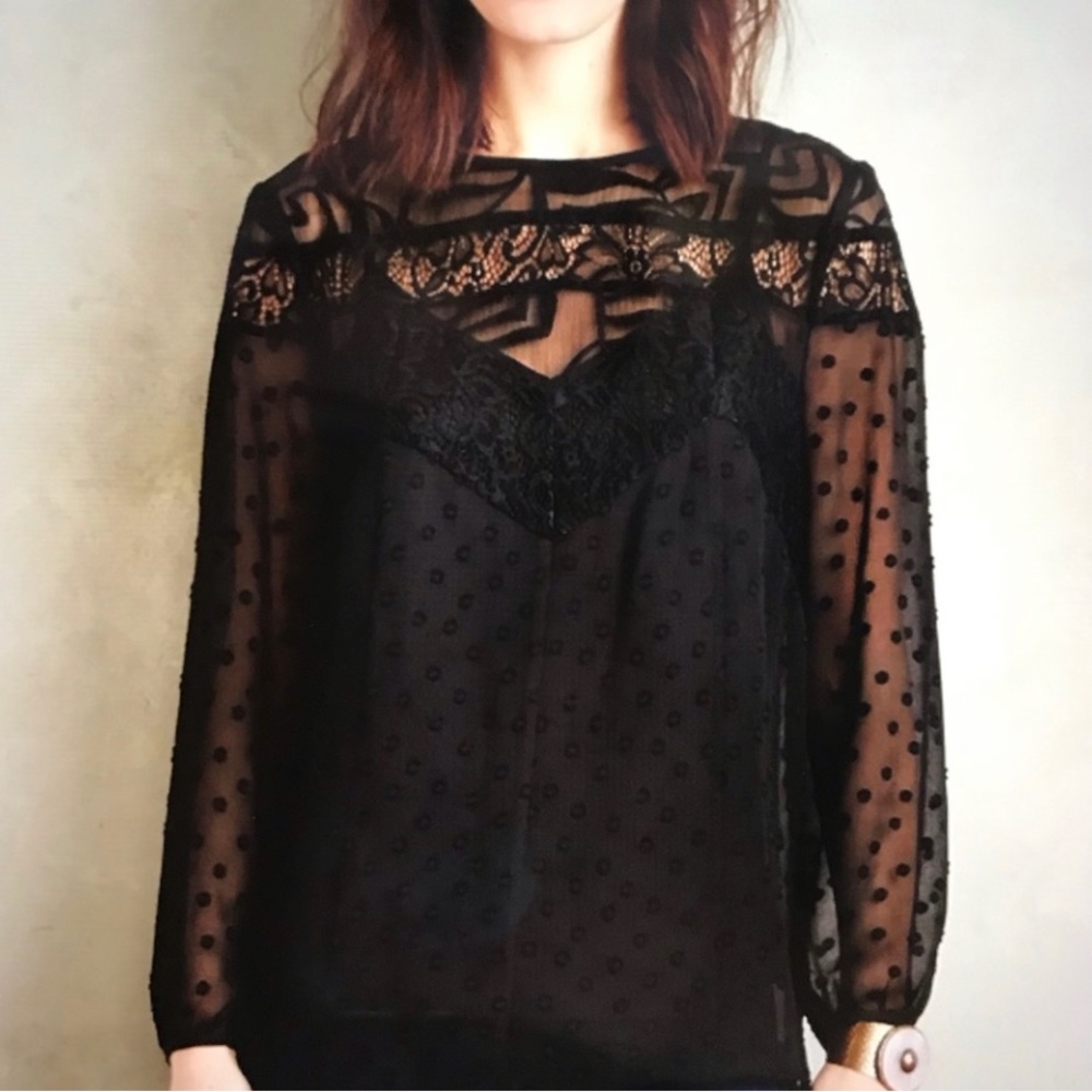“HD in Paris”  Black Verona  Lace Back Key Hole Sheer Blouse Size 2